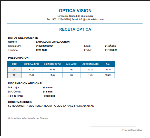 Generación de Receta Óptica